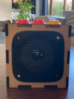 A small wooden (Re)Memory Box which holds audio explanations of the different artworks in each CTS exhibition, which are triggered by a business-card sized image of each artwork. When it hovers above the box, it triggers the recording.